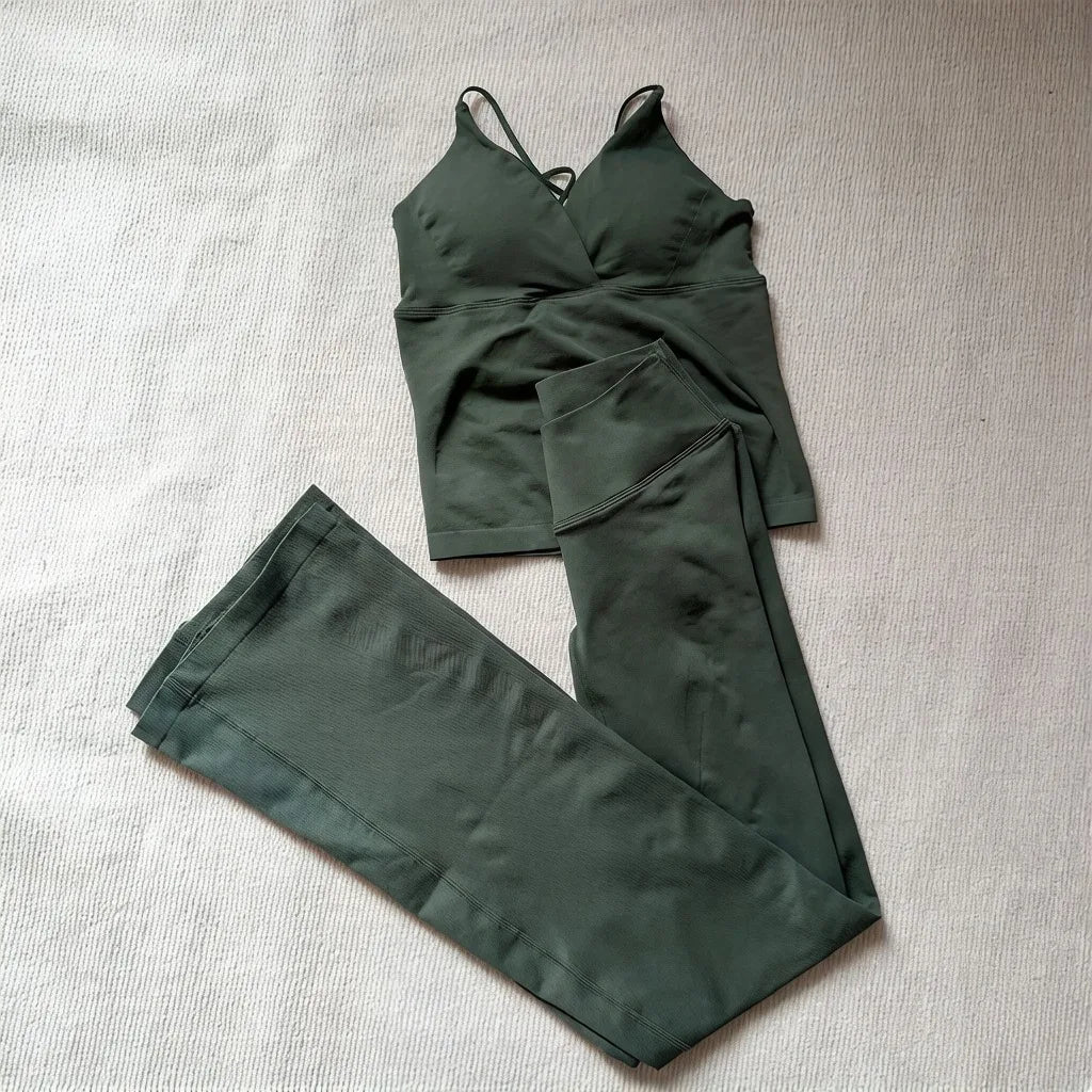 NO LOGO 2 Pieces Flared Legging Set Women Twist Front Sports vest Top Wide Leg Yoga Pants Seamless Yoga Set Tracksuits Workout