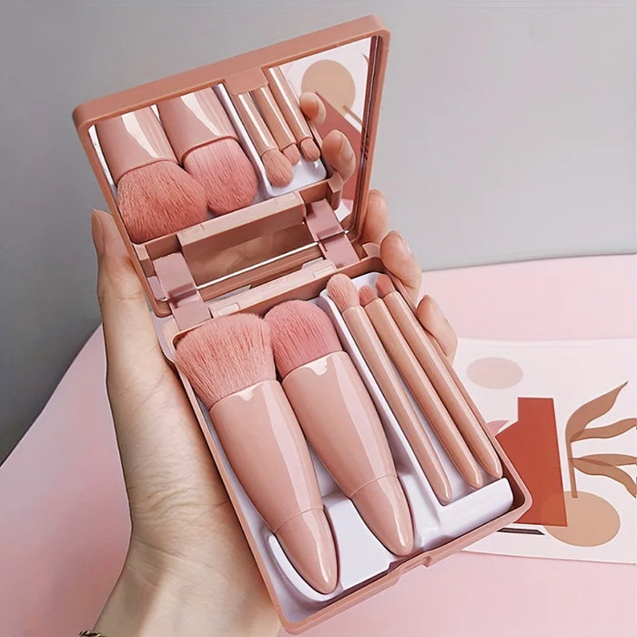 Kit de 5 Pinceaux de Maquillage Portables avec Miroir - Trousse de Voyage Pliable, Mini Kit de Pinceaux de Maquillage, Kit de Pinceaux de Maquillage de Voyage