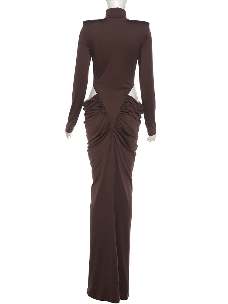 Nibber Hipster Waistless Ruched Elegant Dress Woman Autumn Style Turtleneck Full Sleeve Hollow Design Prom Party Long Bodycon