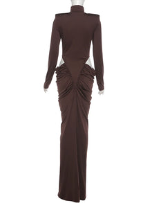 Robe longue élégante Nibber style hipster, sans taille, froncée, col roulé, manches longues, design évidé, pour femme, style automne, idéale pour bal ou soirée, coupe moulante