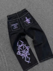 Retro Skull Embroidery Y2K Jeans Mens Hip Hop Washed Baggy Denim Pants New Straight Casual Loose Wide Leg Trouser Streetwear