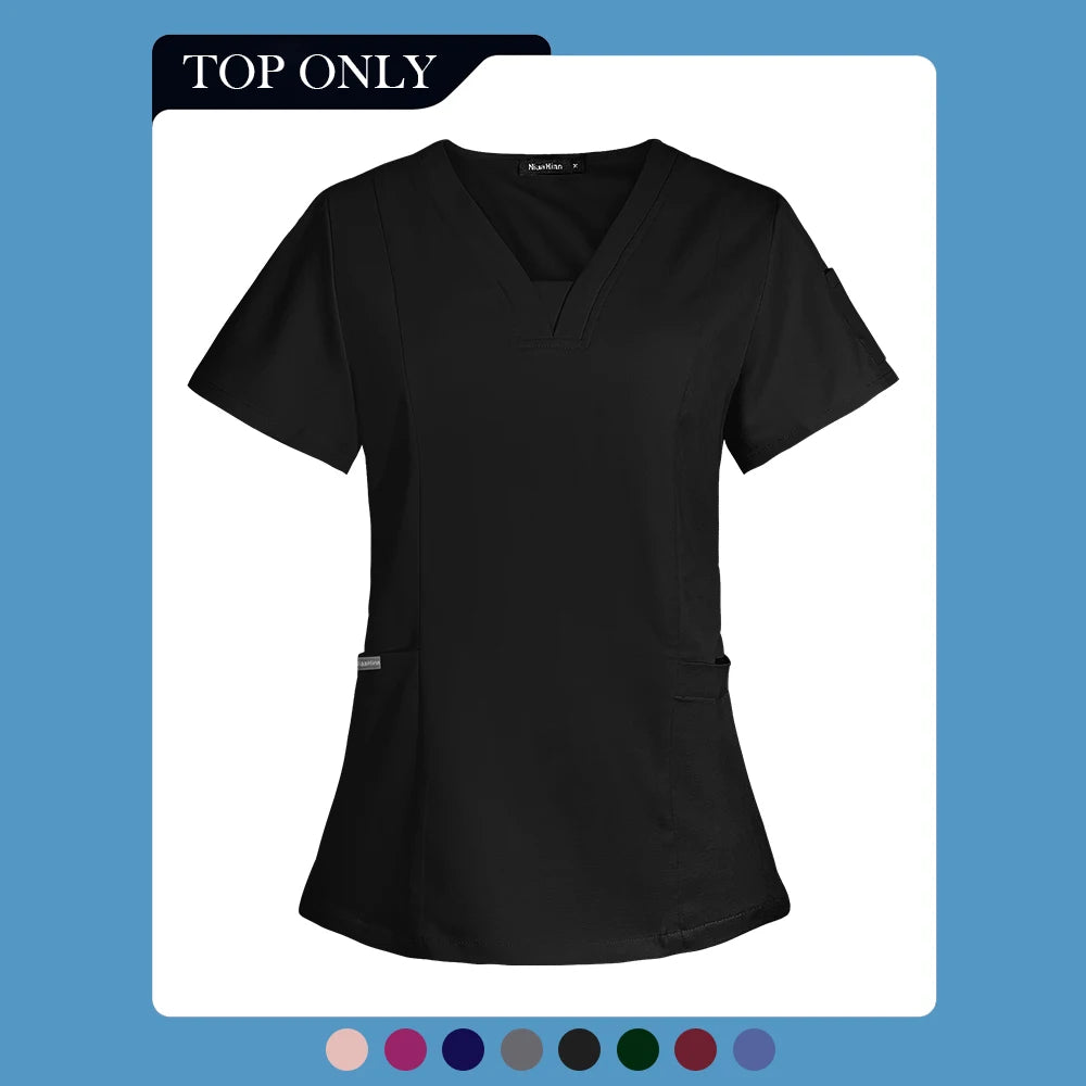 V-neck Short Sleeved Top Fashion Nurse Uniform Dentist Veterinary Work Uniform Unisex Healthcare Nurse Clothing Scrun Women Mens