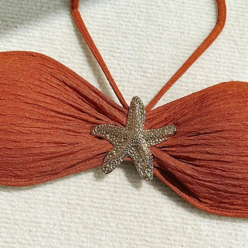Brown Starfish Bandeau Bikini Set Three Piece Cover Up Women