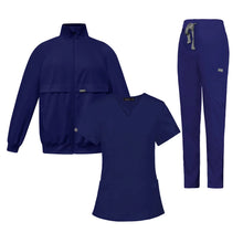 Female Loose Comfy V-neck Short Sleeved Top and Trousers and Coat Three Piece Workwear Solid Fall Winter Nurse Caring Clothes