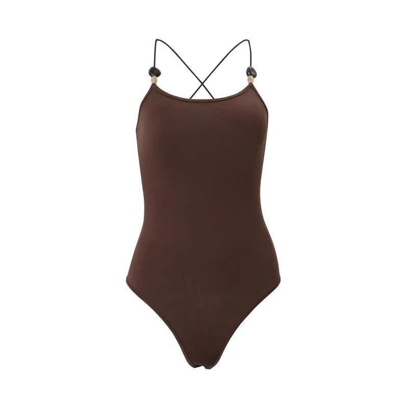Brown Solid Spaghetti Strap Bodysuit Women Summer Sleeveless