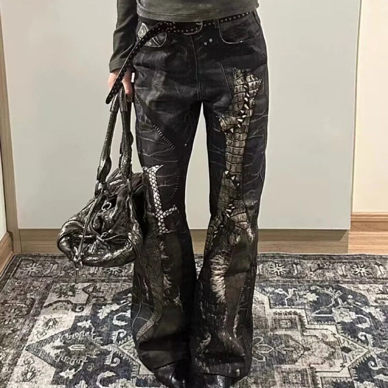 Y2k American Vintage Bootcut Jeans Full Length Distressed Subculture Denim Punk Style Retro Slim Zipper Mid Waist 2025 Autumn