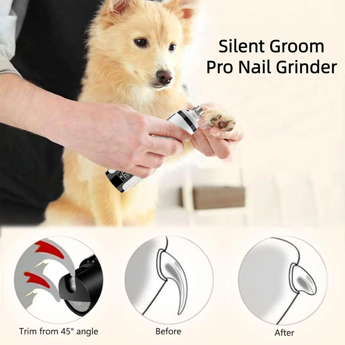 Pet Nail Grinder with LED Light - USB Rechargeable Clipper for Cats and Dogs, Professional Paws Grooming Trimmer Supplies