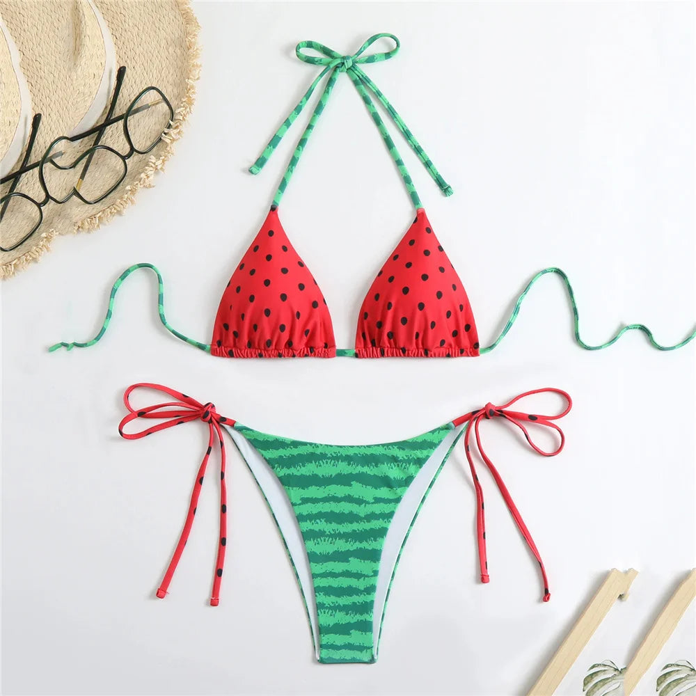 Watermelon Print Halter String Micro Bikini Swimwear Women