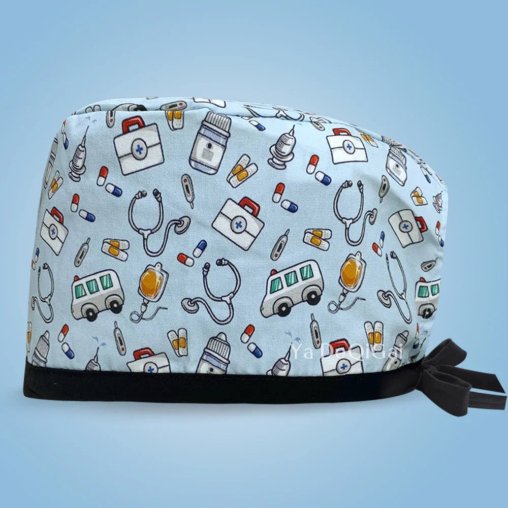 Cartoon Print Medical Scrub Hat Hospital Doctor Work Caps Health Worker Scrub Cap Pet Clinic Nurse Beautician Nursing Scrubs Hat