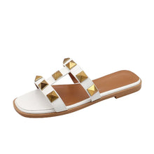 Women Soft Leather Stud Flat Shoes Open Toe Summer Black White Brown Slippers Seam Retro Leisure Slides EU34-43 Big Gold Rivets