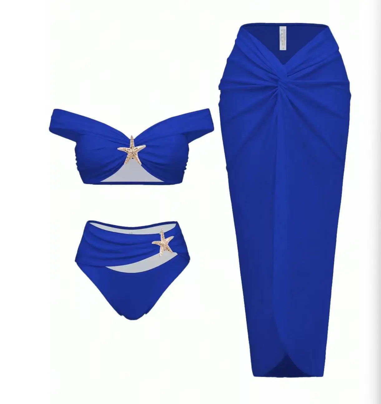 Women's Sexy Bikini Set Beachwear Metallic Starfish Bikini Folds Long Skirts Three Piece Sets Hot Girl Vacation Style Swimsuit