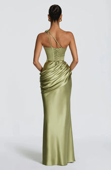 Women Green Ruched Elegant Satin Maxi Dress Mermaid One-shoulder Cutout Slim Fit Flowy Vestido 2026 Lady Summer Evening Vestidos