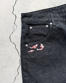 Hip Hop Cartoon Pattern Pocket Embroidery Denim Shorts Y2k Retro Baggy Dark Blue Jeans Short Men Women Street Skateboard Jorts