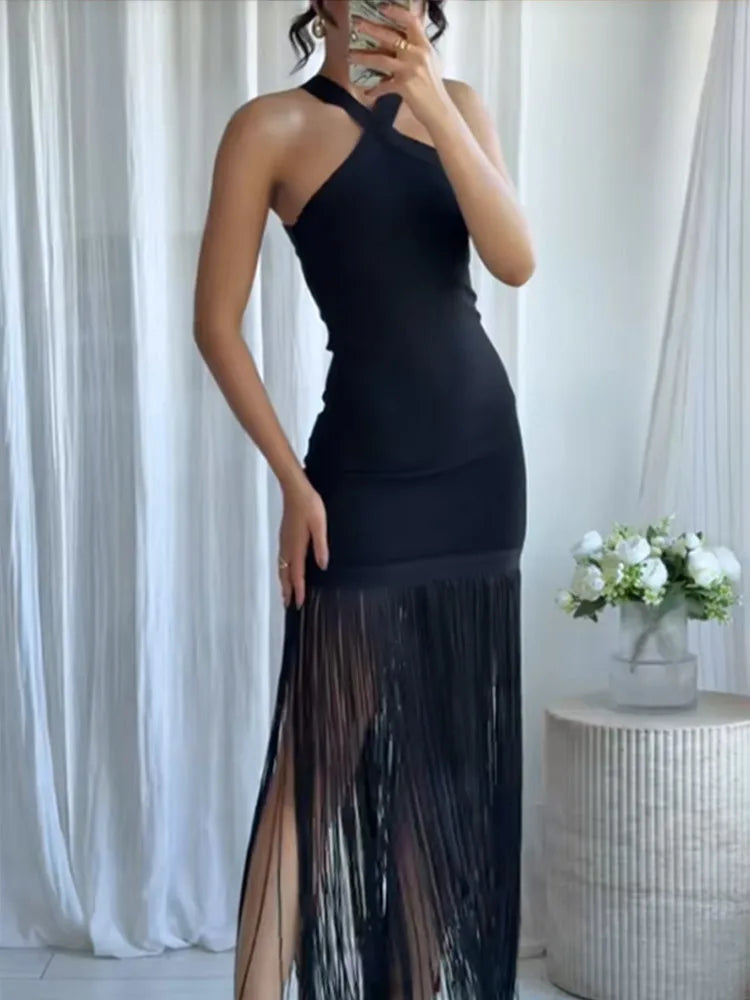 Women Tassel Patchwork Halter Maxi Dress Chic Solid Sleeveless Off-shoulder Slim Slit Dresses Fashion Lady Vacation Party Gowns