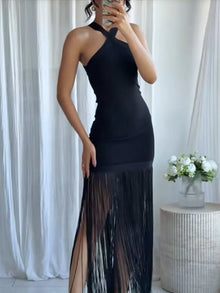 Women Tassel Patchwork Halter Maxi Dress Chic Solid Sleeveless Off-shoulder Slim Slit Dresses Fashion Lady Vacation Party Gowns
