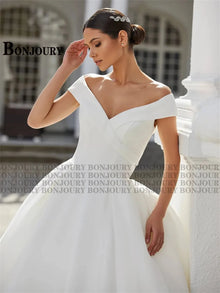 BONJOURY Simple V-neckline Wedding Dress for Woman Bride Satin Pockets Chapel Train Button Vestido De Casamento Drop Shipping