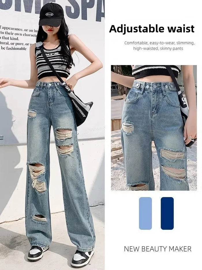 Jean droit déchiré tendance pour femme, printemps-été, taille haute, coupe large décontractée, design amincissant, jean en denim décontracté