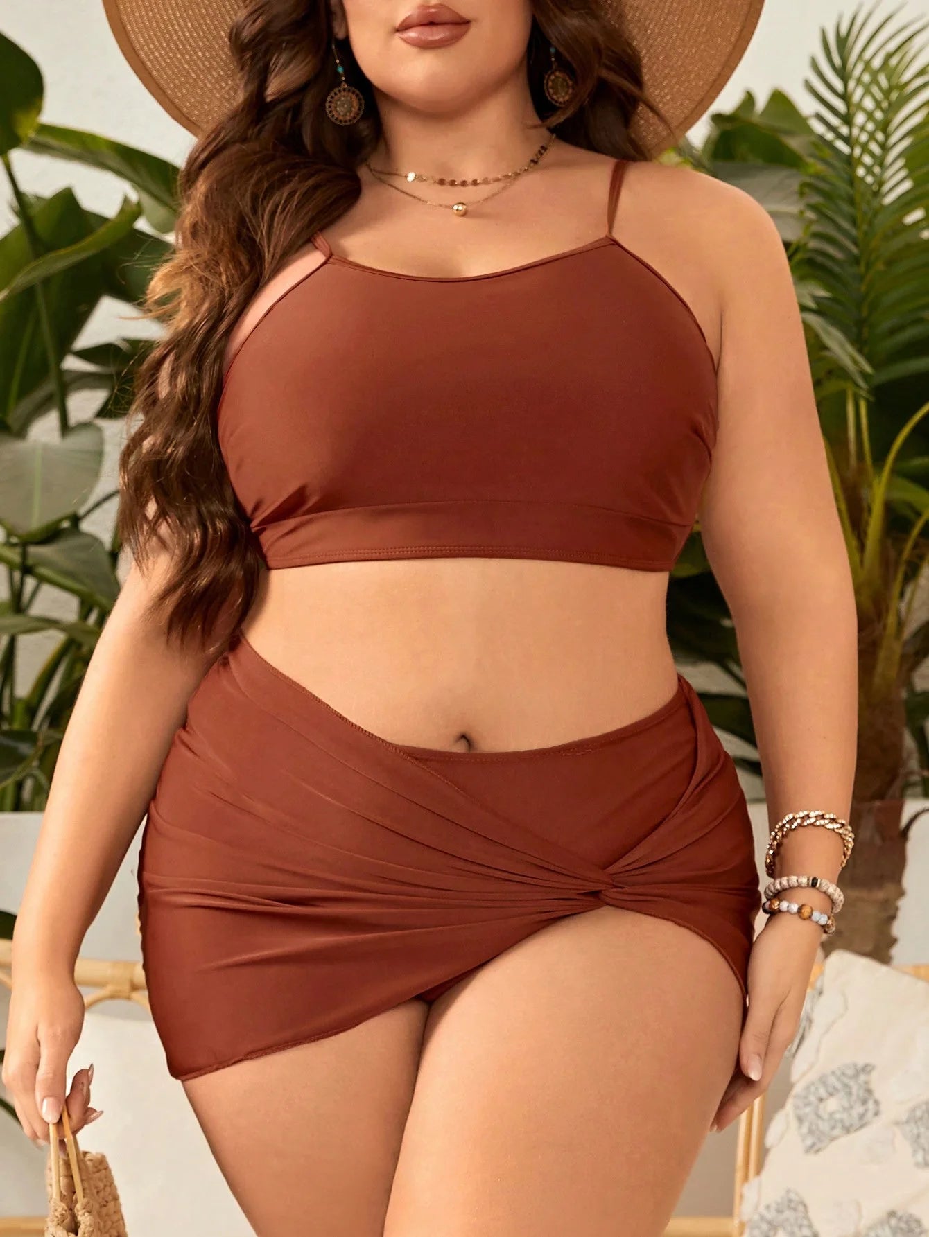 VigoJany 2025 Solid 3 Piece High Waist Skirt Plus Size Swimwear Women Strapped Push Up Swimsuit Backless Summer Bathing Suit