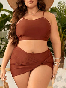 VigoJany 2025 Solid 3 Piece High Waist Skirt Plus Size Swimwear Women Strapped Push Up Swimsuit Backless Summer Bathing Suit