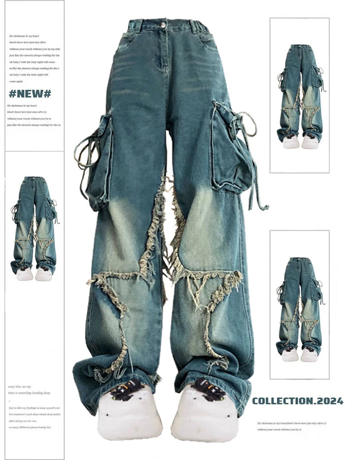 Jean cargo bleu pour femme, style vintage baggy années 90, taille haute, pantalon style cow-boy, mode Harajuku, denim Y2k, vêtements années 2000, 2024