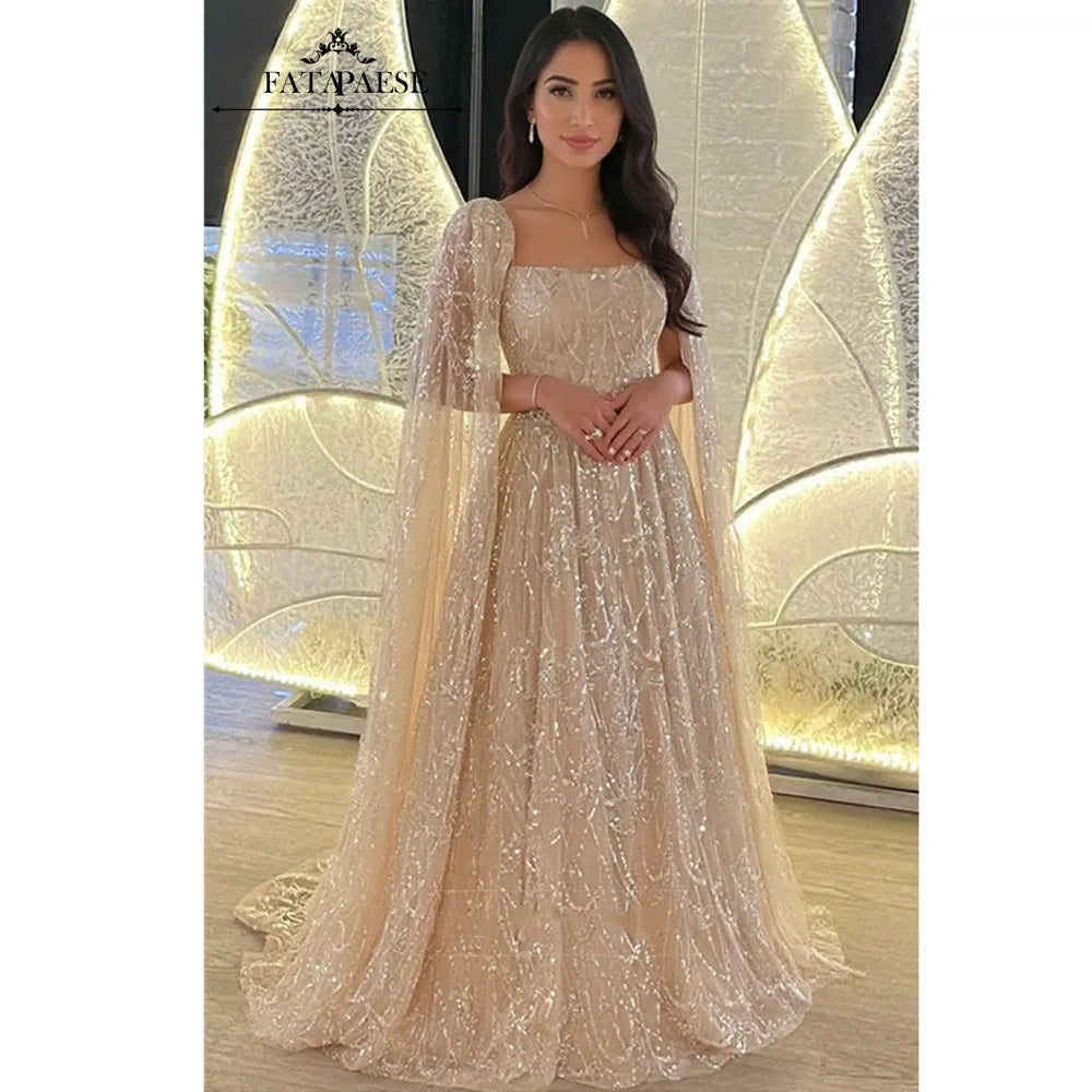 FATAPAESE Luxury Beads Sequins Cape Evening Dresses Champagne A Line Tulle Wedding Guest Dress for Arabic Dubai Saudi