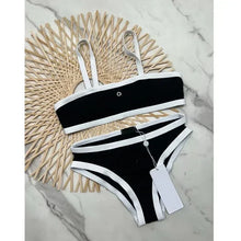 Summer Women Color Block Split Bikini Sexy Strap Simple Two Piece Swimsuit Beachwear Black White