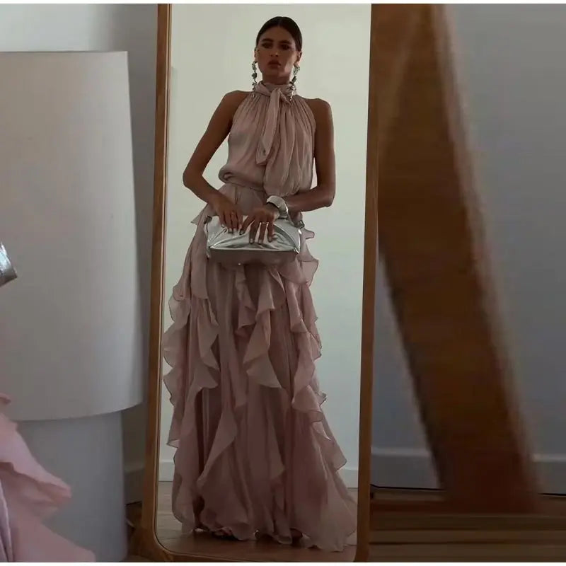 Sexy Cascading Ruffle Pleated Women Long Dress Fashion Lace Up Sleeveless Empire Female Dresses 2026 Spring Summer Lady Robe