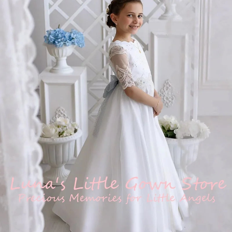 Customized White Lace Tulle Flower Girl Dress For First Communion Wedding Floor Length Gown Three Quarter Lace Sleeve Grey Back