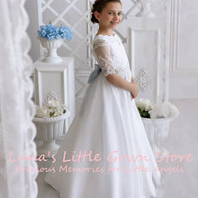 Customized White Lace Tulle Flower Girl Dress For First Communion Wedding Floor Length Gown Three Quarter Lace Sleeve Grey Back