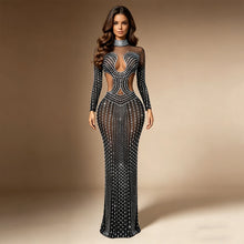 Sparkly black Big Rhinestone Transparent Long Dress Evening Birthday Celebrate Luxurious Costume Dancer Flashing Dress