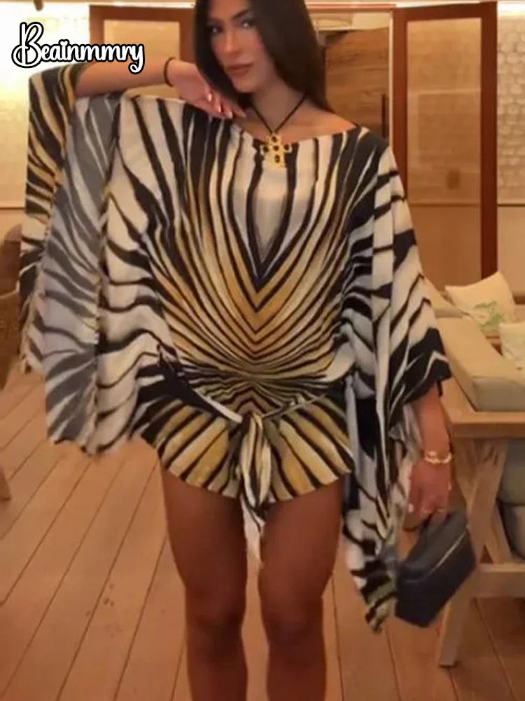 Holiday Loose Striped Mini Dress Women Round Neck Batwing Sleeve Lace Up Chic Dresses Female 2026 Summer Vacation Beach Robes