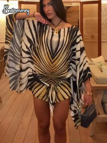Holiday Loose Striped Mini Dress Women Round Neck Batwing Sleeve Lace Up Chic Dresses Female 2026 Summer Vacation Beach Robes
