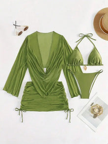 4 Piece Sexy Solid Color Bikini Set With Sheer Cover Up