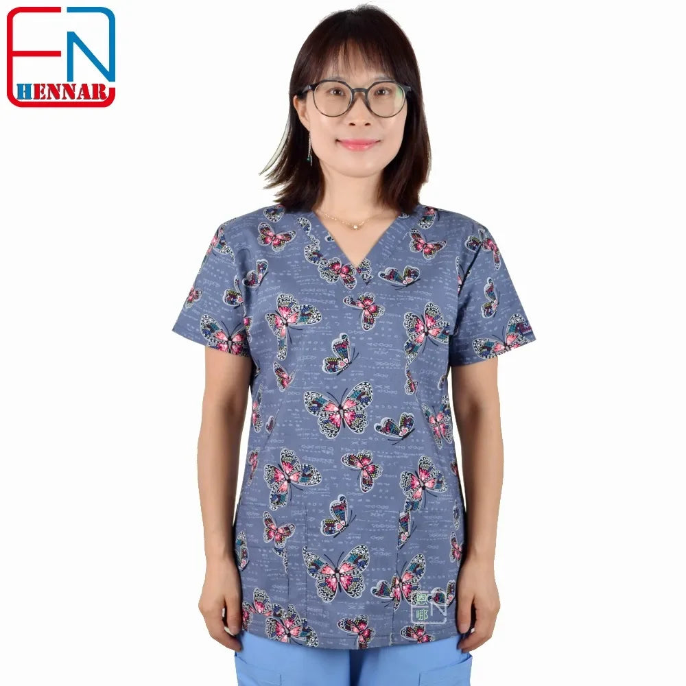 Hennar Print Vet Scrub Uniform For Women In 100% Cotton 4 pockets,XXS-5XL Pet Doctors Medical Scrub Tops