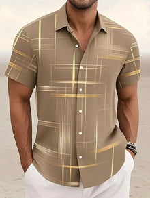 Summer Men's Geometric Grid  Plaid Shirts Short SleeveTurndown Hawaiian Shirt Button Up Shirts No Pockets Shirts