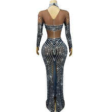 Sparkly black Big Rhinestone Transparent Long Dress Evening Birthday Celebrate Luxurious Costume Dancer Flashing Dress