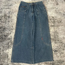 Retro Y2K American Street Style Loose Casual Wide Leg Denim Jeans Big Pocket Pattern Print Trendy mid Waist Cotton Blend