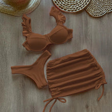 Solid Wavy Fabric Low Waist Bikini Set Cover Up Swimsuit For Women Push Up Ruffle Three Pieces Swimwear 2026 Beach Bathing Suits