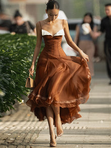 Spaghetti Strap Chiffon Lace Trim Flared Dress Sleeveless Waist Cinched 2026 Summer Formal Women Gown Chic Causal Lady Vestido