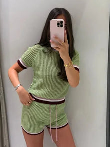 Ensemble décontracté en tricot : haut à col rond et manches vertes, short à cordon, ensemble 2 pièces, tenue de ville pour femme, vacances d'été 2026