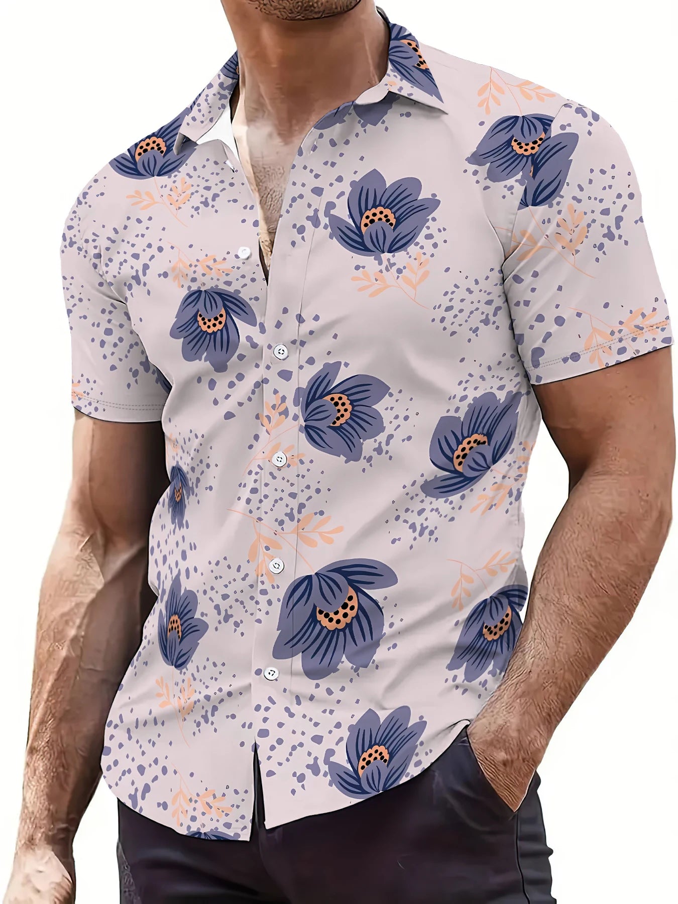 2026 Summer New Style Men's Short-Sleeved Shirt with 3D Flower Pattern Print Street Casual Fashion Comfortable and Soft