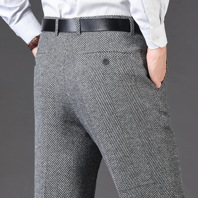 Flat Cashmere Suit Trouser For Male Loose Plaid Hight Waist Classic Straight Formal Mens Dress Pants Business Size 42 44