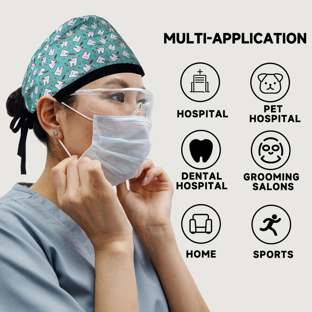 Cartoon Print Medical Scrub Hat Hospital Doctor Work Caps Health Worker Scrub Cap Pet Clinic Nurse Beautician Nursing Scrubs Hat