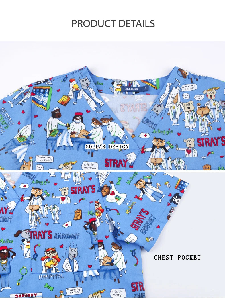 ANNO Hospital Staff Scrubs Top Medical Sanitary Nursing Uniform Dental Clinic Print Beauty Caregiver Coveralls