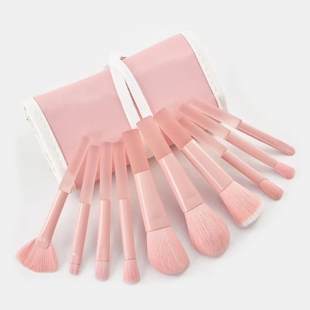 10pcs Pink Makeup Brush Set for Beginners Mini Portable Foundation Eyeshadow Brushes with Crystal Handle Includes Brush Pouch