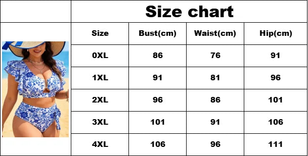 VigoBreviya 2026 Sexy Ruffle 2 Piece Plus Size Bikini Women Blue Print Curvy Swimsuit High Waist Push Up Lady Big Bathing Suit