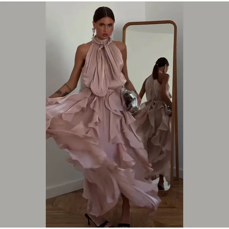 Sexy Cascading Ruffle Pleated Women Long Dress Fashion Lace Up Sleeveless Empire Female Dresses 2026 Spring Summer Lady Robe