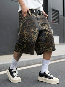 Men's Summer Retro Leopard Print Denim Shorts, Washed Loose Wide-Leg High-Street Grunge Knee-Length Denim Shorts