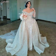 Customized Bridal Dress With Detachable Train Off The Shoulder Heavy Appliques Pearls Trumpet Illusion Full Sleeves Bridal Gown