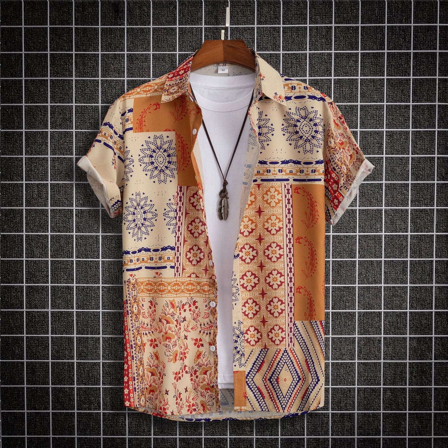 2025 Hawaiian Shirt Men Fashion Flower Geometric Printed Blouse Single-breasted Beach Short SleeveTops Men's Holiday Clothing